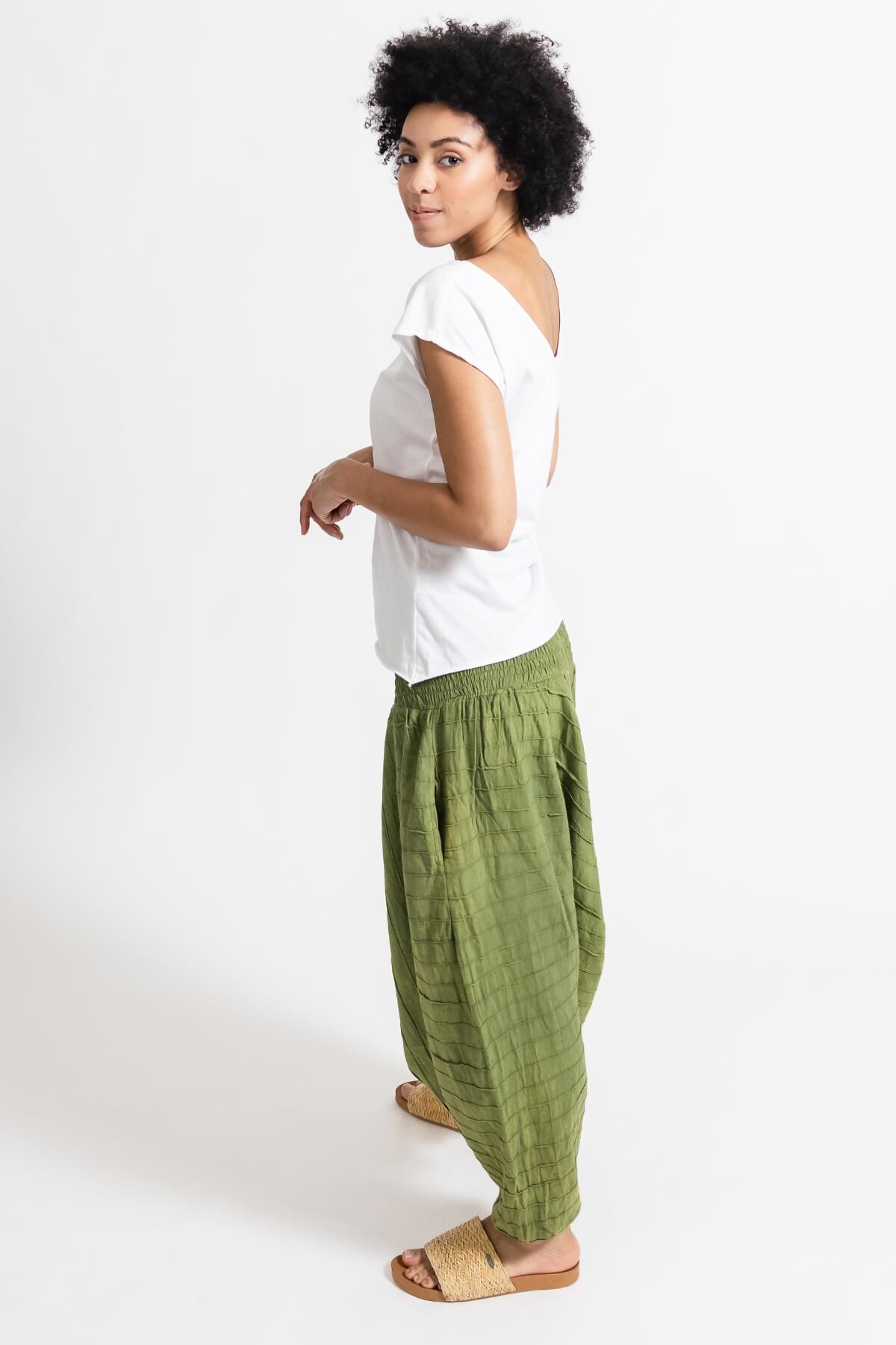 Surya Australia Ethical Cotton Low Crotch Pintuck Pants from Nepal - Green