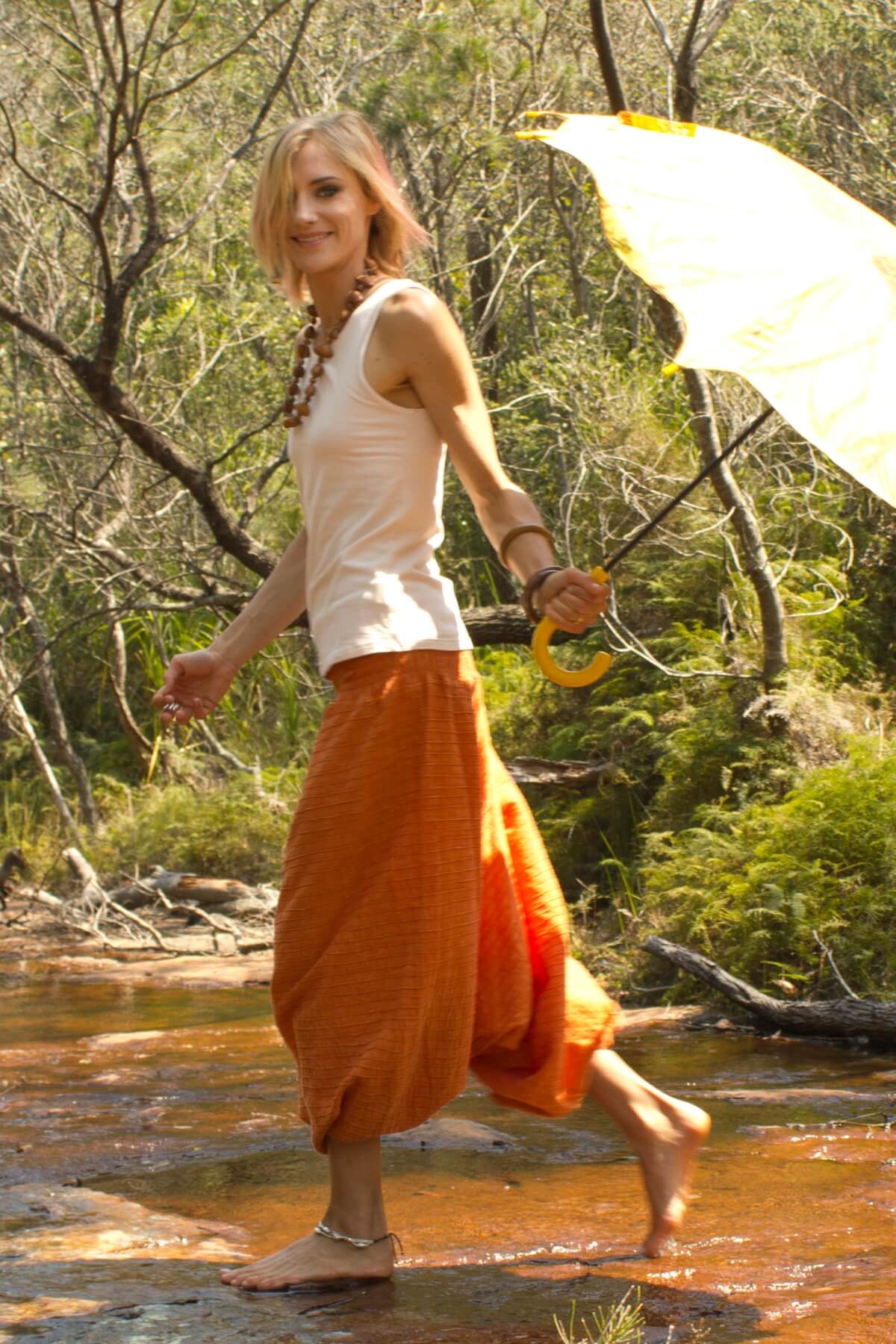 Surya Australia Ethical Cotton Low Crotch Pintuck Pants from Nepal - Orange