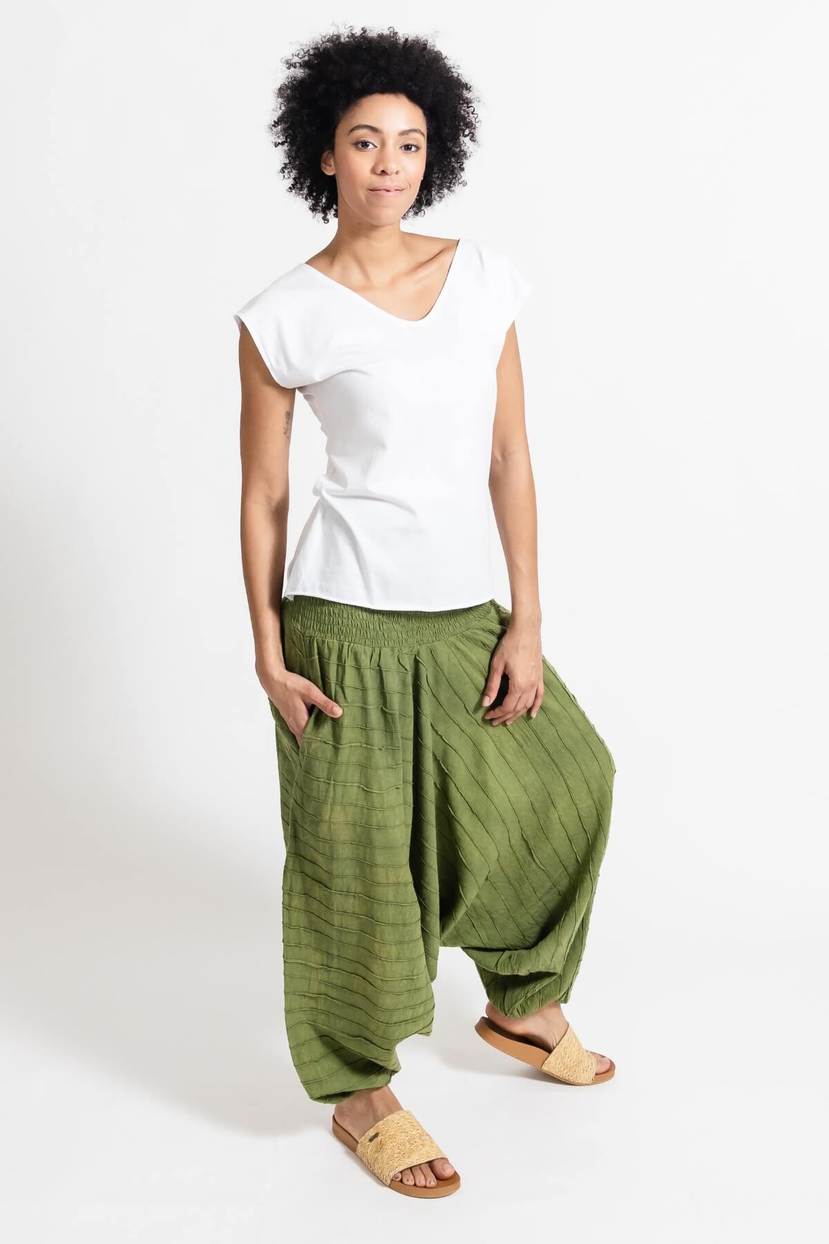 Surya Australia Ethical Cotton Low Crotch Pintuck Pants from Nepal - Green