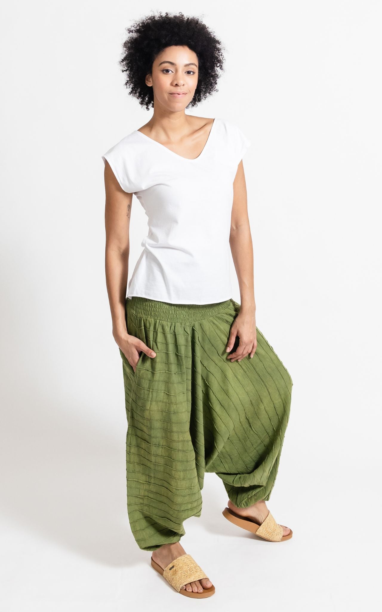 Surya Australia Ethical Cotton Low Crotch Pintuck' Pants from Nepal - Green
