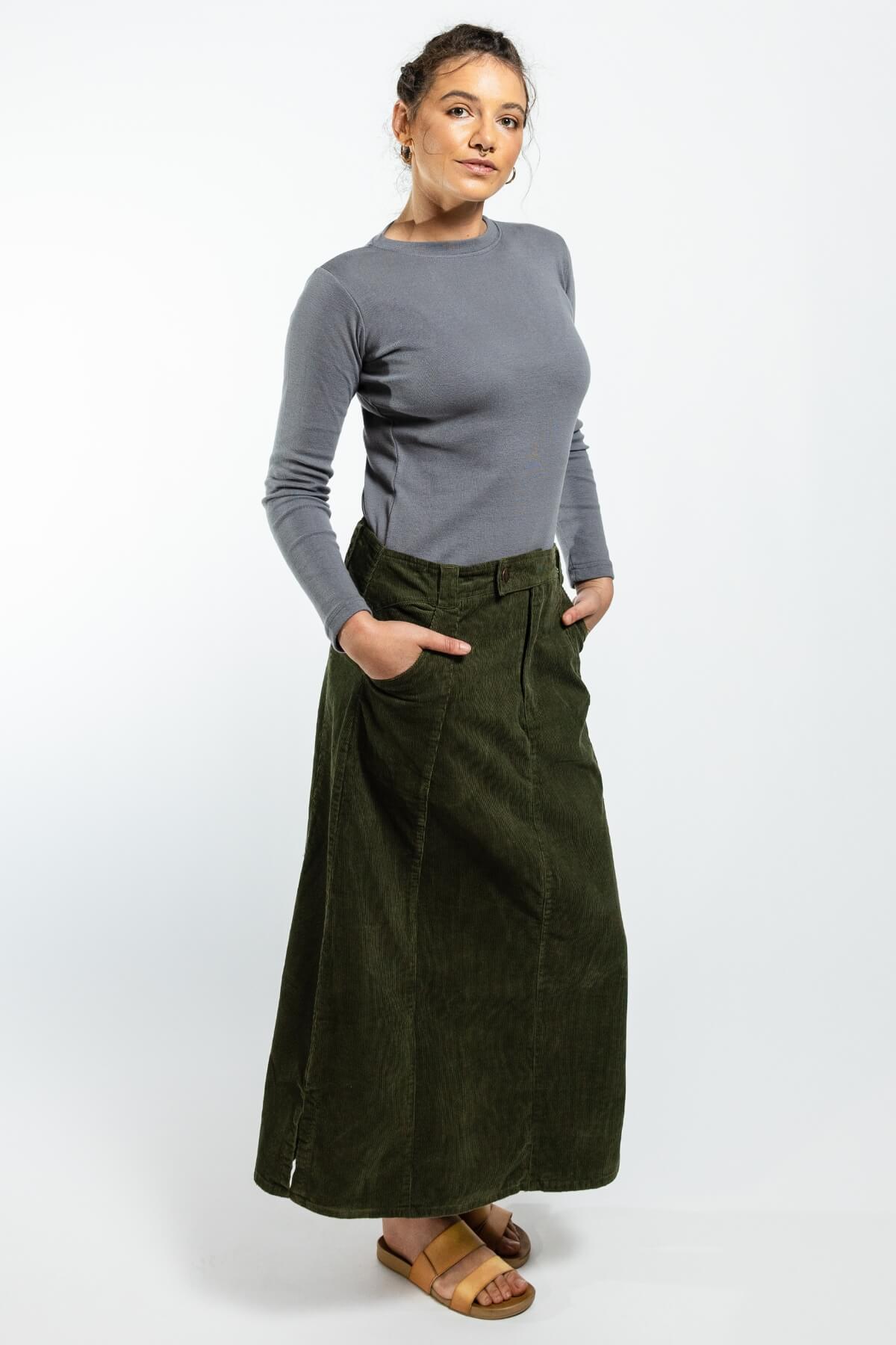 Surya Corduroy Maxi Skirt made in Nepal - Khaki