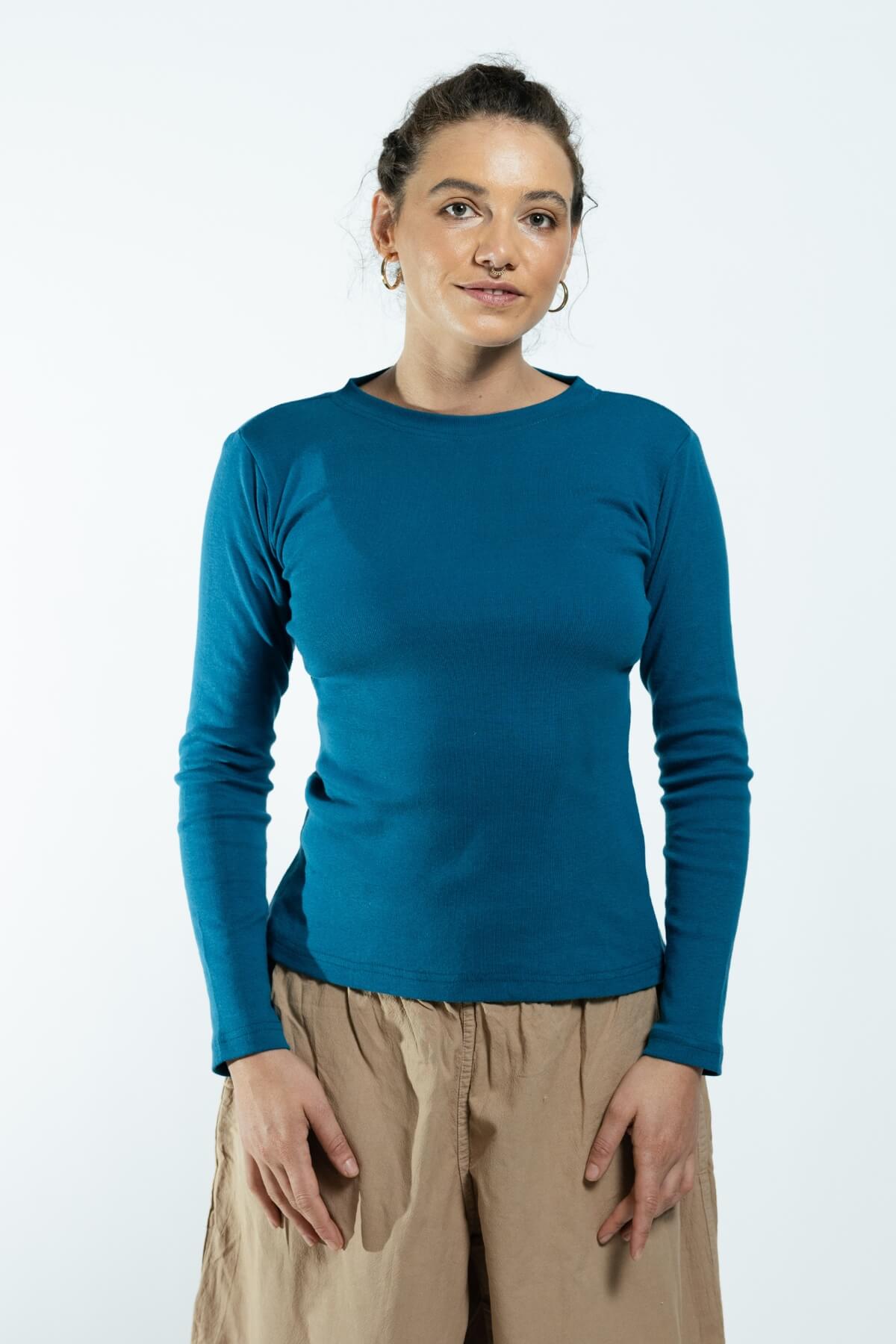 Surya Ethical Ribbed Cotton Long Sleeve Top - Blue