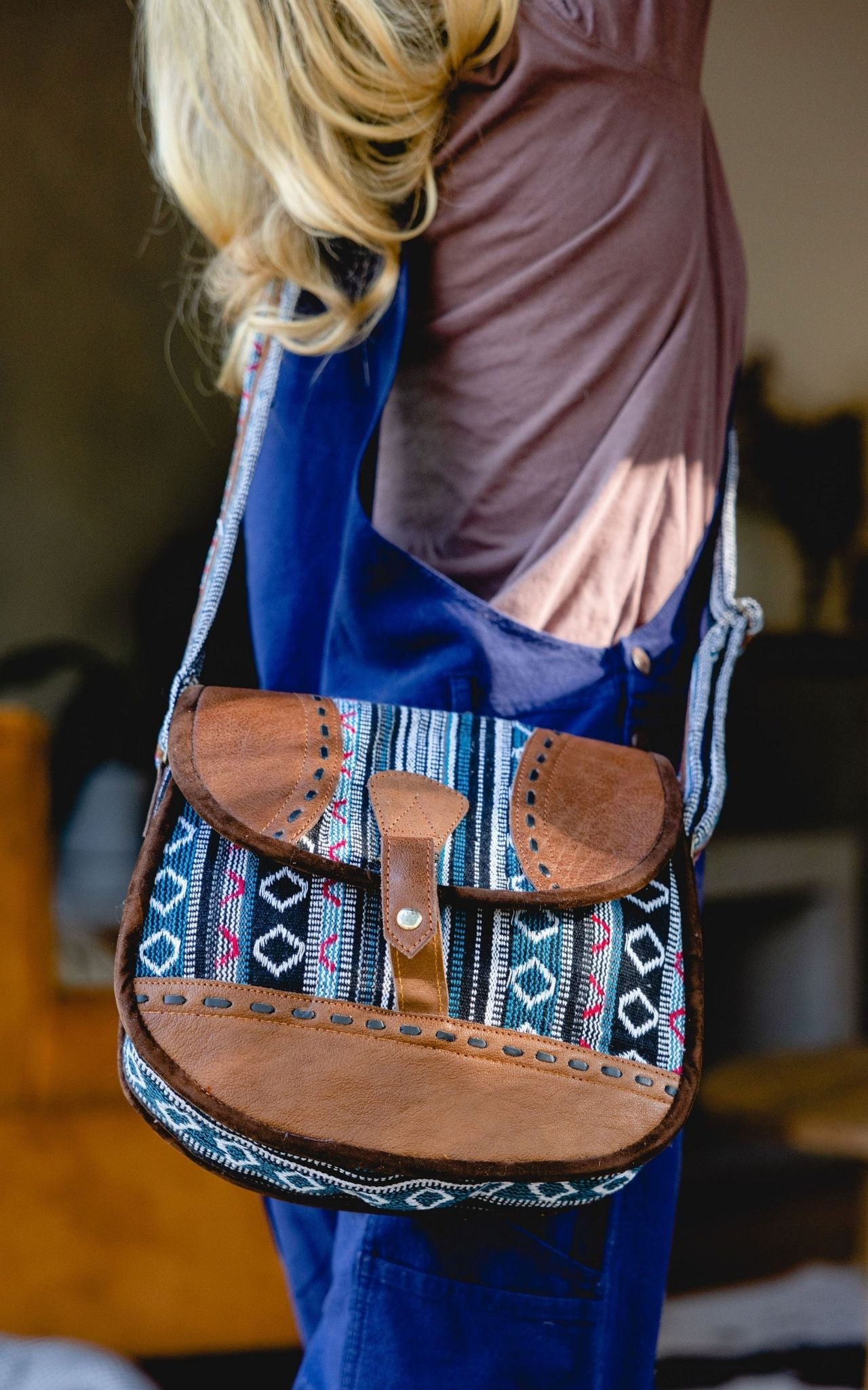 Handmade orders leather and woven cotton backpack